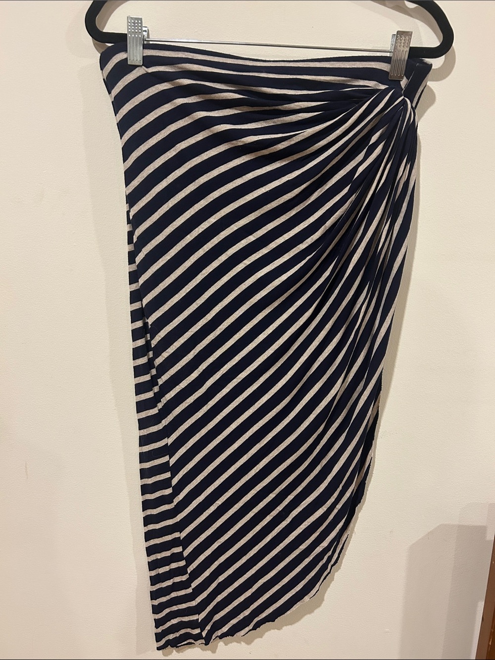 Bailey 44 Navy and White Asymmetrical Twist-Detail Midi Skirt